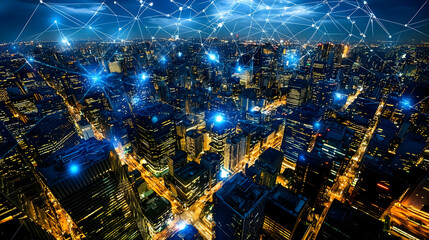 Aerial View of a City at Night with Illuminated Buildings and a Network of Lines Connecting Them, Showing the Concept of Connected Cities