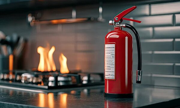A red fire extinguisher stands ready beside a gas stove with flames. The kitchen features sleek tiles and utensils, emphasizing safety during meal preparation