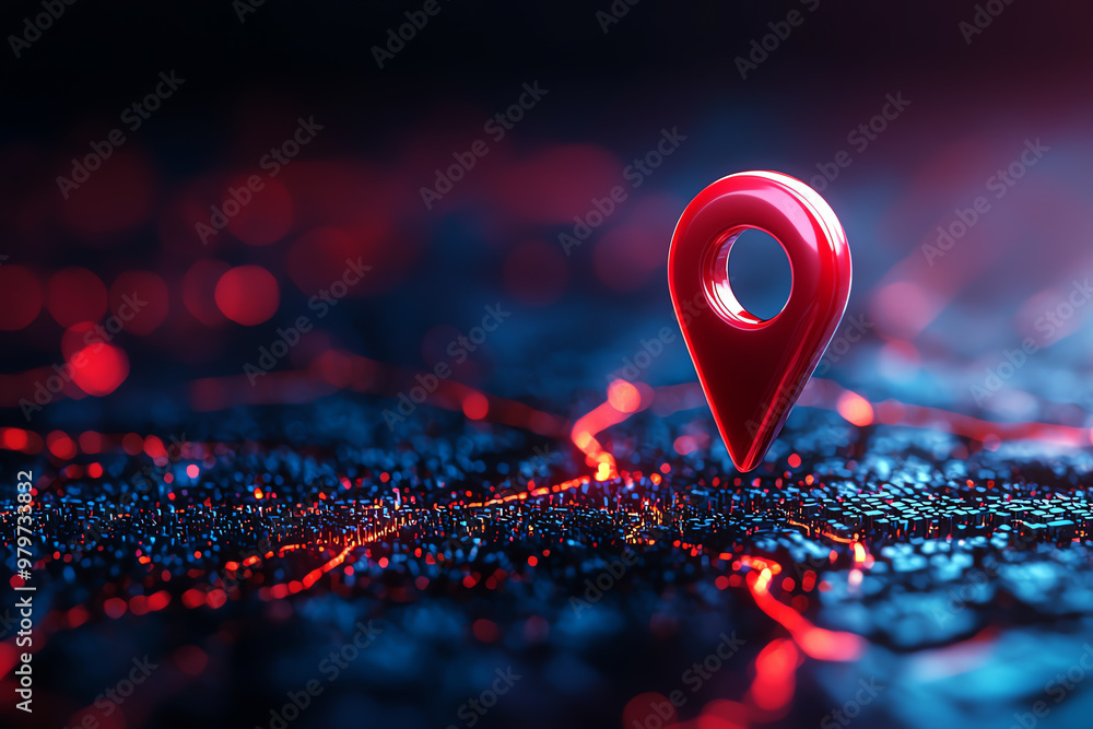 Poster a close-up of a vibrant red location pin on an abstract digital map, symbolizing navigation and expl