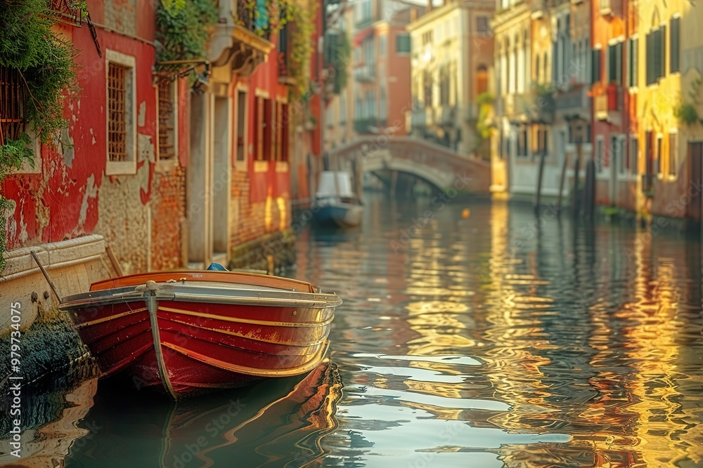 Poster a red boat is floating in a canal with a bridge in the background