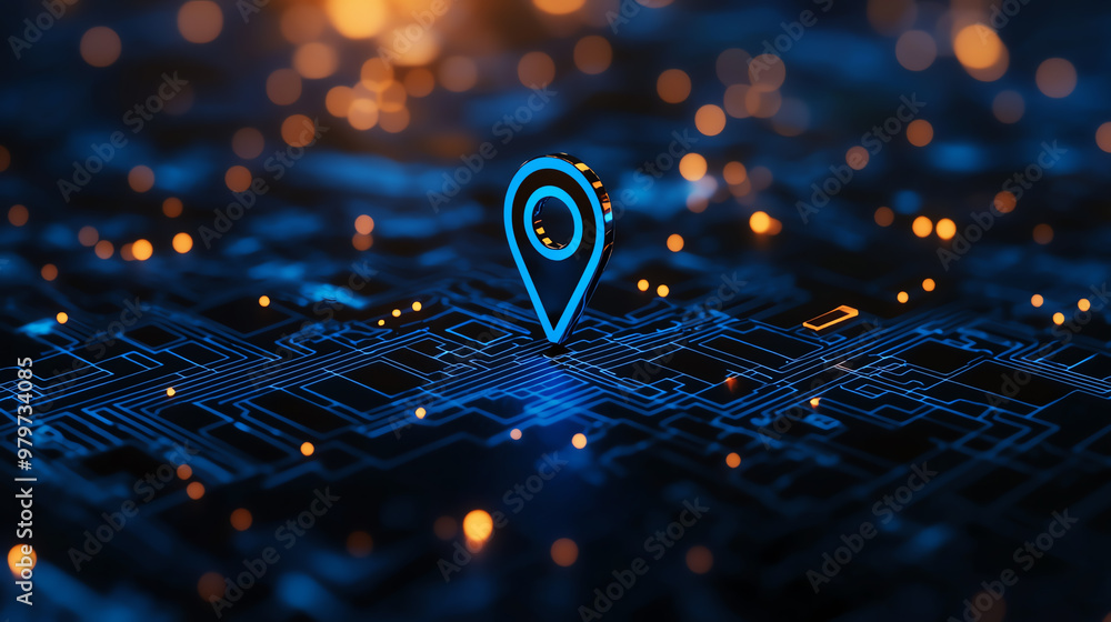 Aufkleber a glowing location pin on a digital circuit board, symbolizing navigation and technology in a modern