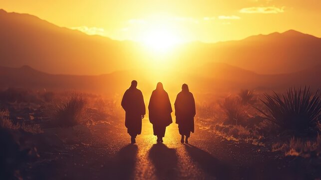 Jesus walking along the road to Emmaus with two disciples, radiant light surrounding them, symbolizing revelation