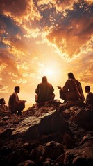 Jesus standing on a hilltop with his disciples, the sky glowing with heavenly light, symbolizing the promise of the resurrection