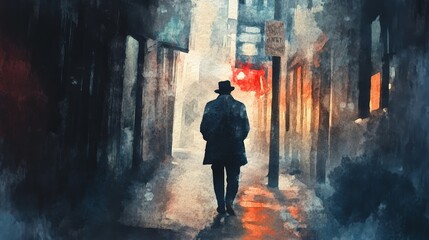 Obraz premium A lone detective walks through a dimly lit alleyway, the ominous atmosphere hinting at a hidden truth. An anonymous message, a sense of mystery, and a pursuit of justice.