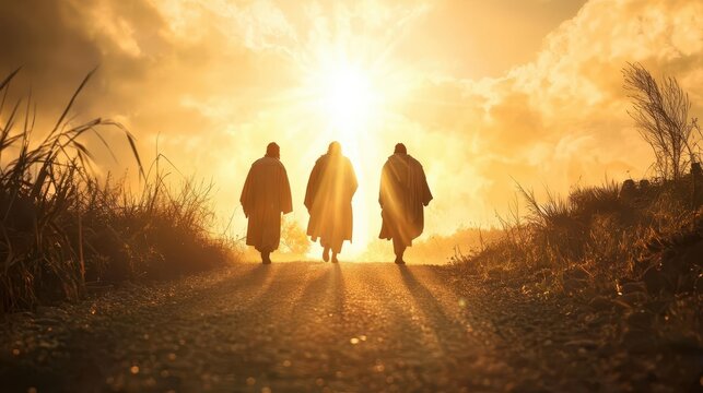 Jesus walking along the road to Emmaus with two disciples, radiant light surrounding them, symbolizing revelation