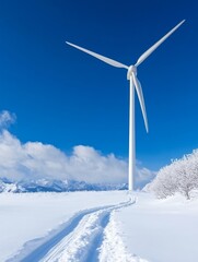 Fototapeta premium A lone wind turbine stands tall in a snowy landscape, with mountains in the background, symbolizing clean energy, renewable resources, winter, nature, and sustainability.