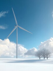 A lone wind turbine stands tall against a backdrop of snow-covered fields and fluffy clouds, symbolizing renewable energy, clean power, environmental sustainability, winter beauty, and a hopeful futur