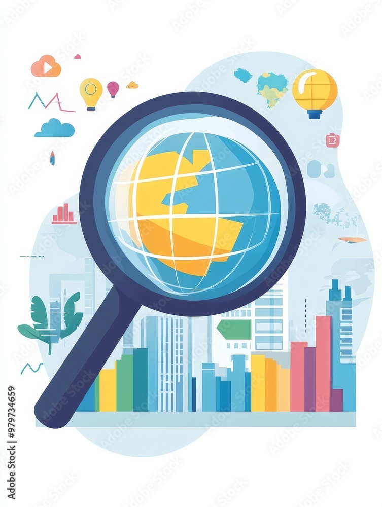 Poster a magnifying glass magnifies a globe, representing global market analytics and data-driven insights.