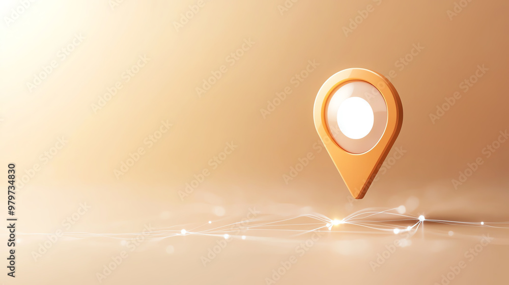 Poster a modern and minimalist location pin design against a soft golden background, symbolizing navigation