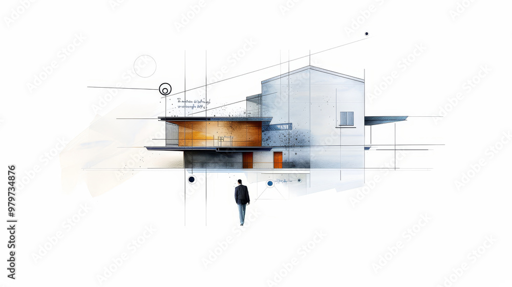 Aufkleber a minimalist architectural sketch featuring a modern house design, emphasizing clean lines, geometri