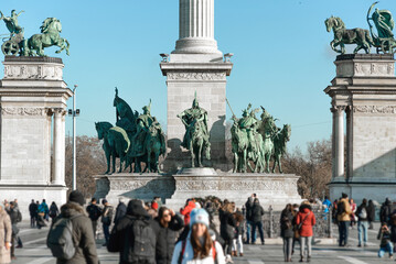 The equestrian statues of the seven chieftains of the Magyars in Heroes' square. Budapest, Hungary © kirill_makarov
