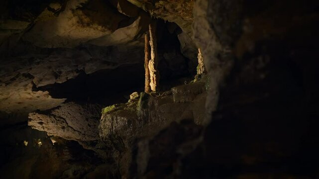 Illuminated Dark Rocky Stone Dripstone Caves Stalactite Background
