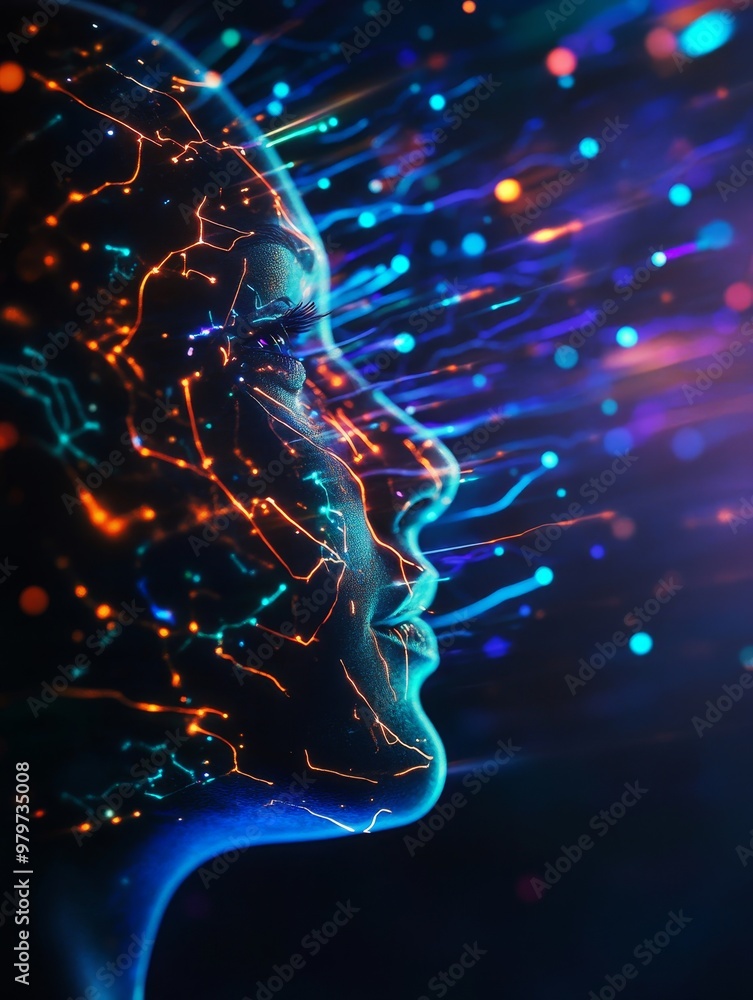 Poster a mesmerizing portrait of a cybernetic being, glowing with ethereal light and interconnected data st