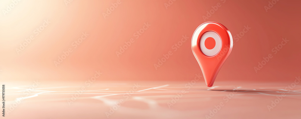 Poster a stylish red location pin against a soft pink background, symbolizing navigation and mapping in a d