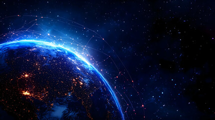 Obraz premium Digital Network Connections Around Earth Illustration Against A Starry Sky Background