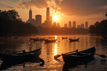 Fototapeta premium Several boats float on a calm lake under a colorful sunset, with a city skyline in the background, encapsulating serenity and the contrast between nature and urban life.