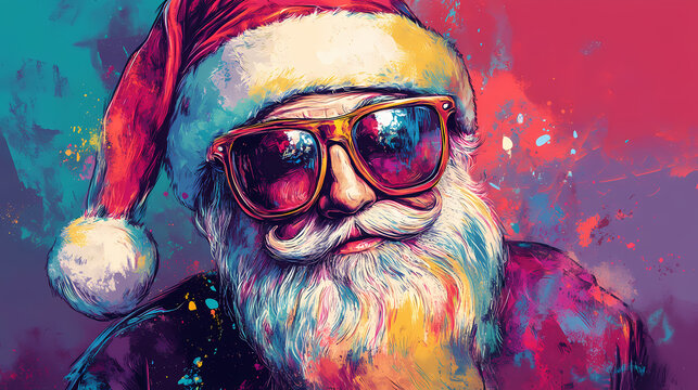 Illustration of cool looking santa claus wearing santa hat in abstract mixed grunge colors style. Cool Colors. Illustration