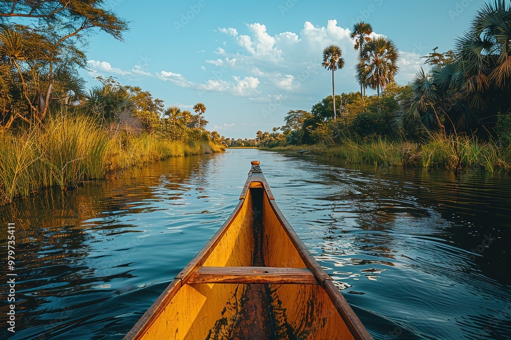 Poster a boat is floating down a river with trees in the background