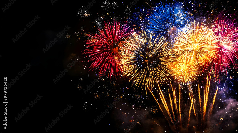 Poster multicolored fireworks exploding in the night sky, a spectacular display of light and color