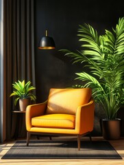 Fototapeta premium A modern living room with a yellow armchair, tropical plants, and a black pendant lamp. The room has a minimalist design with a black wall and a grey curtain.
