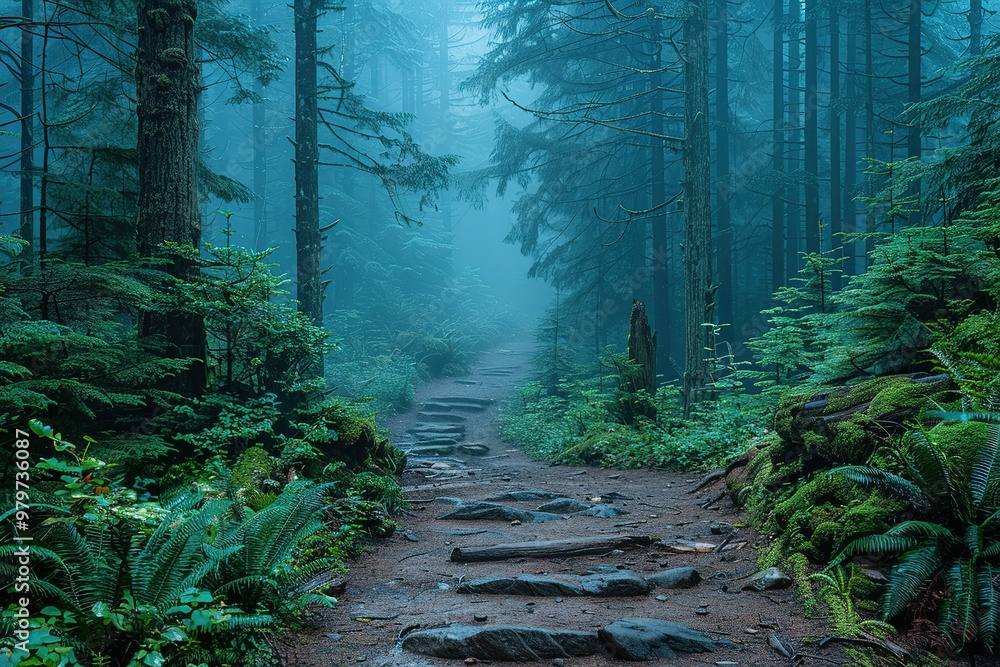 Poster a forest path is shown in the rain, with trees on either side