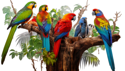  Varieties of Parrots: Lorikeets and Macaws Perched on a Tree Trunk Isolated on white background
