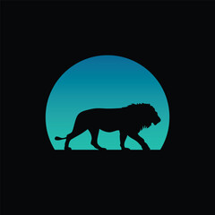 Silhouette of a lion against a striped retro sunset. Original vector illustration in vintage style isolated on light background. T-shirt design.