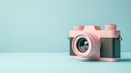 A pastel pink camera against a light blue background celebrates World Photography Day, symbolizing creativity, memories, artistry, capturing moments, and visual storytelling.