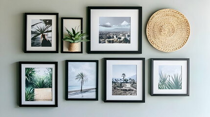 Black Framed Pictures with Tropical Landscapes and a Wicker Wall Decor on a Light Green Wall