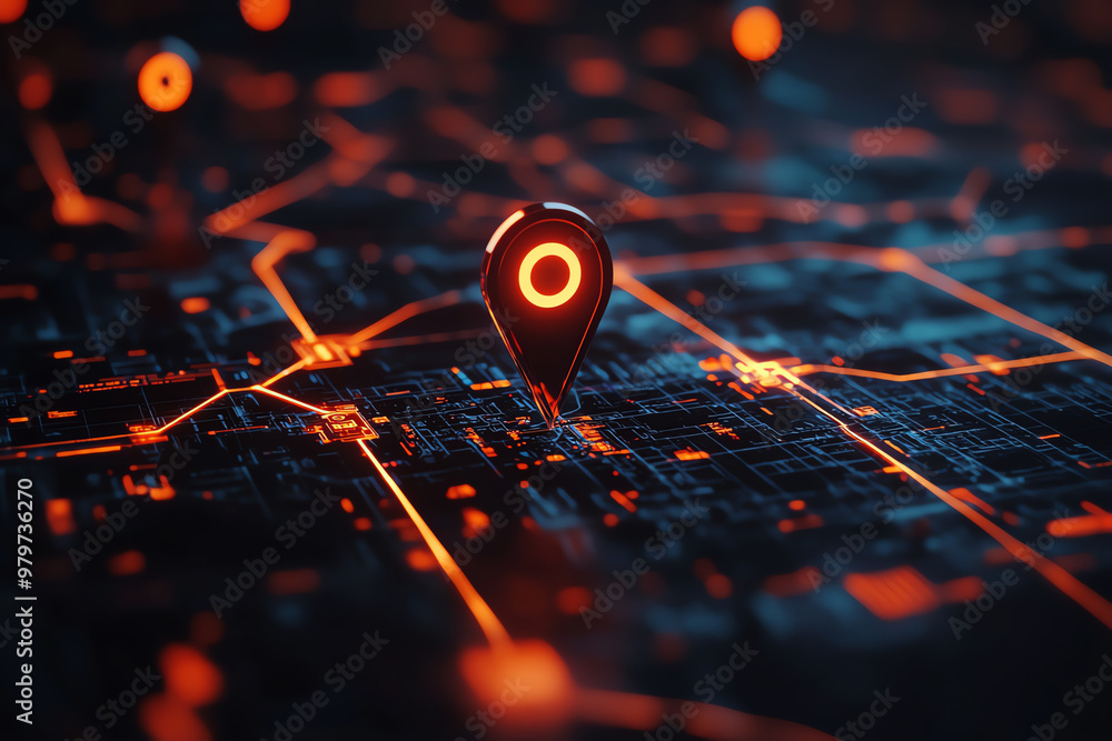 Poster a vibrant digital map with a glowing location pin, symbolizing navigation and connectivity in modern
