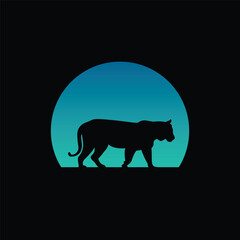 Silhouette of a tiger against a striped retro sunset. Original vector illustration in vintage style isolated on light background. T-shirt design.