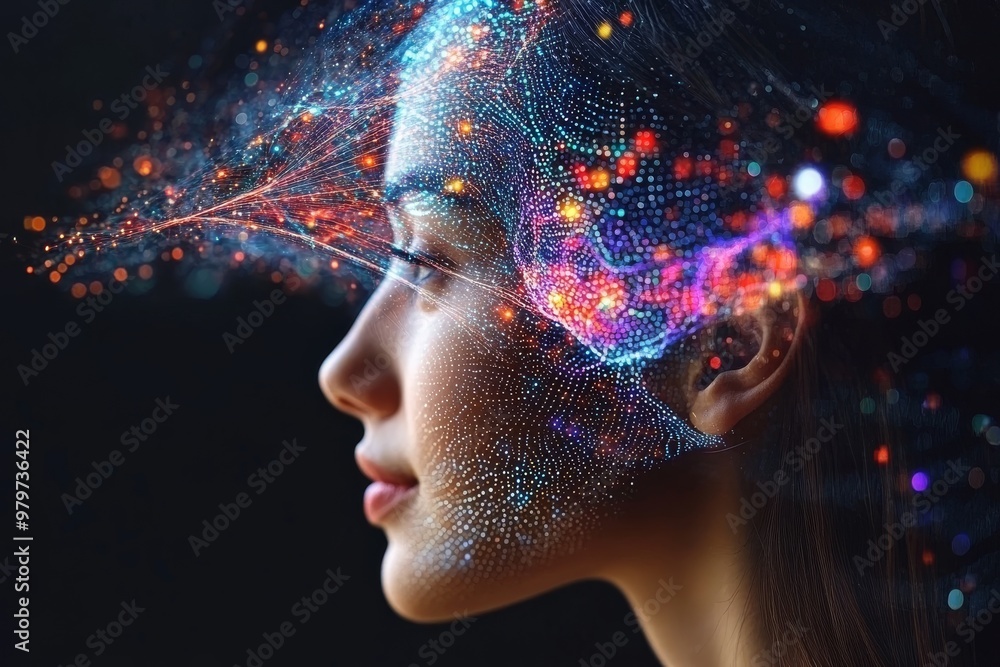 Aufkleber side profile of a woman with glowing neural pathways and particles surrounding her head symbolizing 