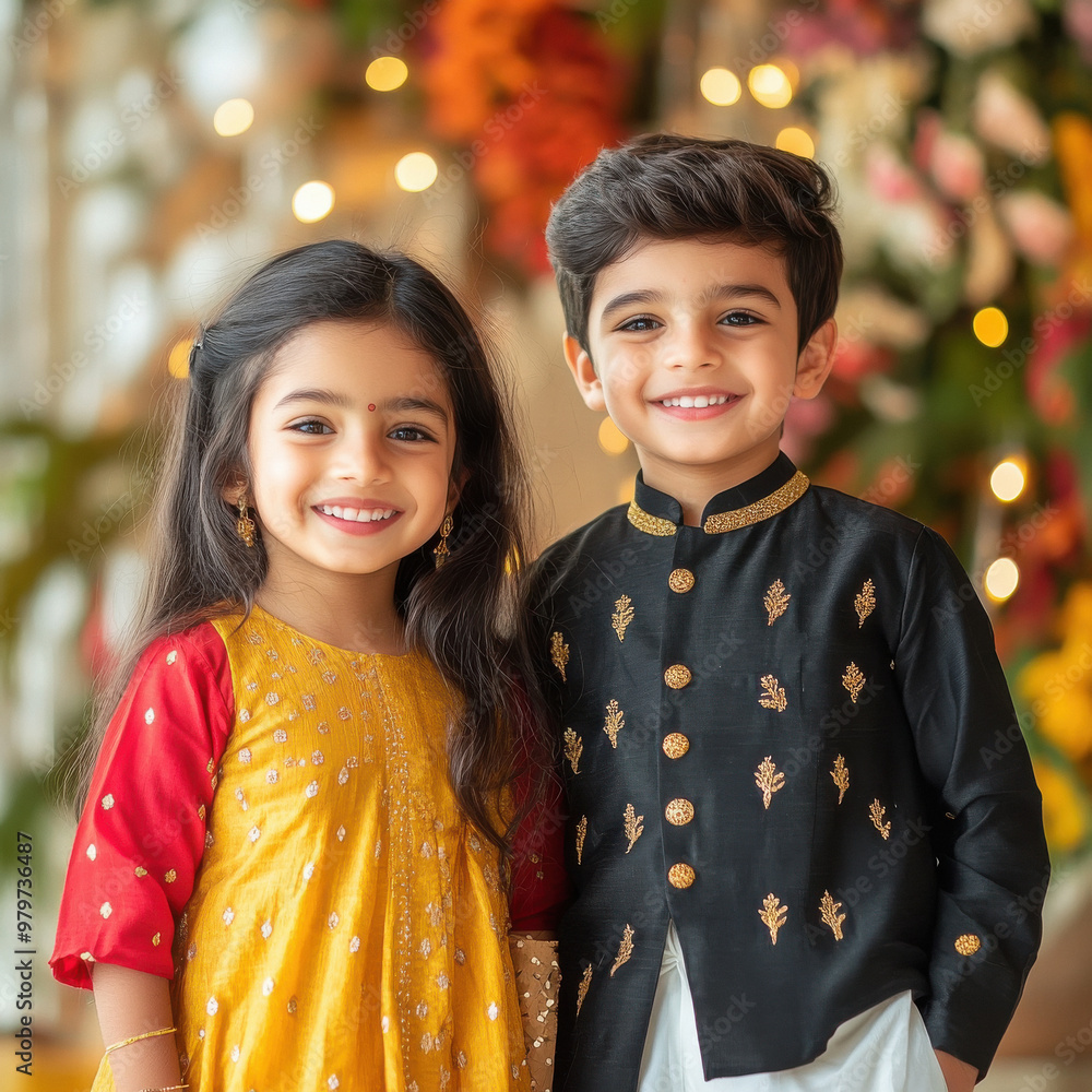 Wall mural happy Indian brother and sister wearing traditional cloths standing together