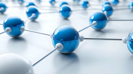 3D Abstract Rendering of Shiny Blue Spheres Connected by Silver Rods, Representing a Network or Connectivity Concept