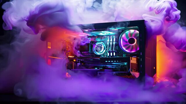 A computer case with glowing components surrounded by colorful smoke effects, showcasing a gaming or high-performance setup.