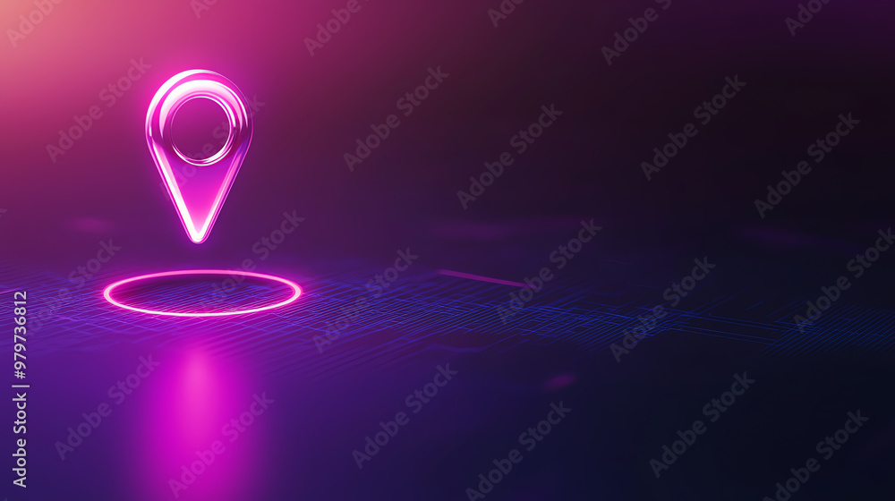 Poster a vibrant neon location pin on a dark reflective surface, symbolizing navigation and mapping in a di