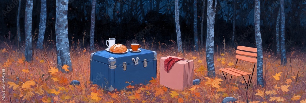 Poster a serene autumn scene depicting a picnic set in the woods. a blue trunk serves as a table with a cup