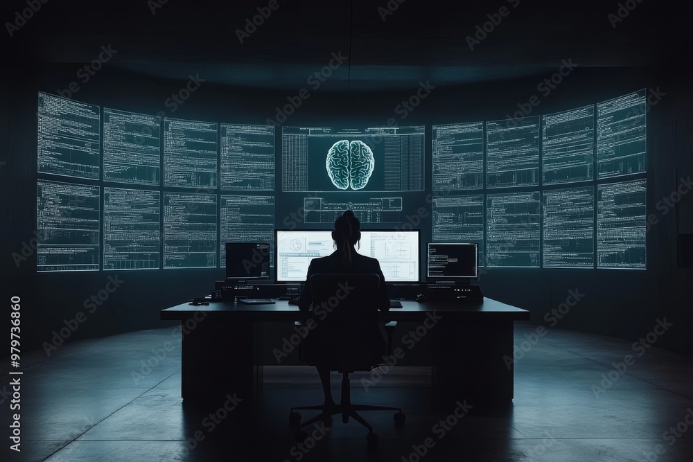 Poster researcher sitting in a dark room surrounded by multiple glowing monitors symbolizing data analysis 