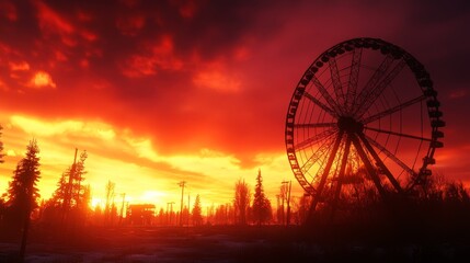 A silhouette of a Ferris wheel stands tall against a vibrant sunset, symbolizing hope, dreams, and the passing of time.  The fiery sky evokes a sense of wonder and possibility, while the wheel's still