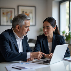 Obraz premium Team of diverse partners mature Latin business man and European business woman discussing project on laptop sitting at table in office. Two colleagues of professional business people working together.