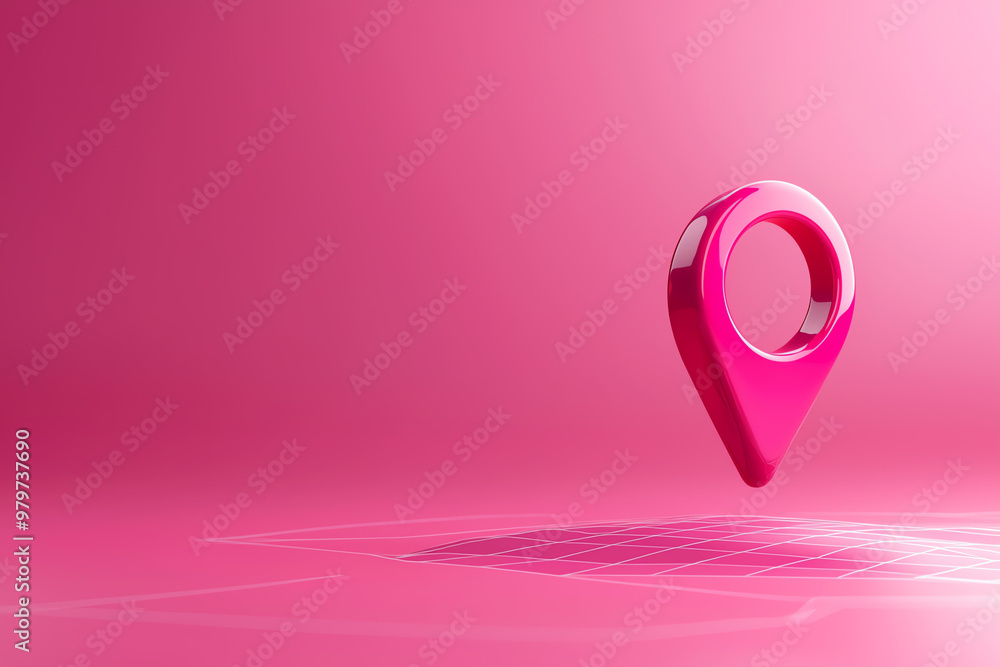 Poster a vibrant pink location pin floating against a soft pink background, symbolizing navigation and digi