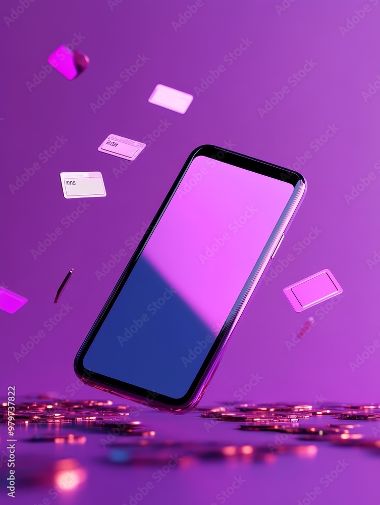 Poster a sleek smartphone hovering above a shimmering purple surface, with credit cards floating around it,