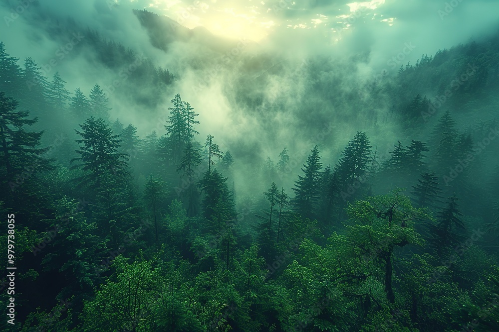 Poster a forest with trees and fog
