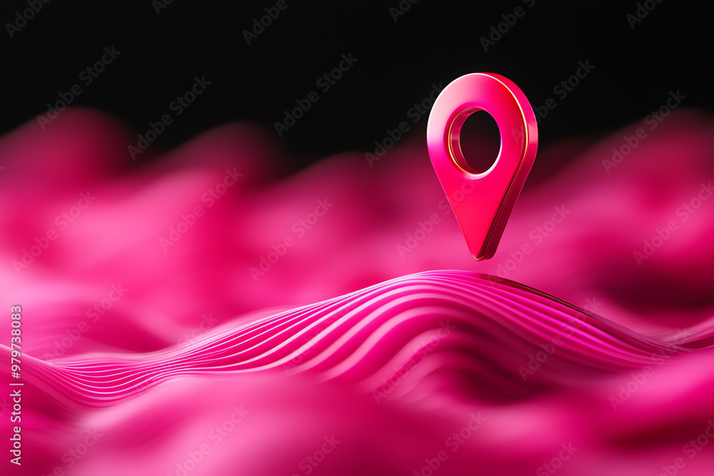 Poster a vibrant pink location pin stands on flowing waves, symbolizing navigation and direction in a color