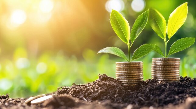 Green plants grow from coins, symbolizing investment in nature and financial growth in a sustainable environment.