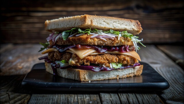 A delicious katsu sando featuring layers of crispy chicken, cheese, and fresh vegetables, all nestled between soft bread. This Japanese sandwich is delightful treat!
