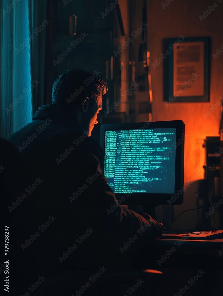 Poster a solitary figure hunched over a computer screen, illuminated by the green glow of code, late at nig