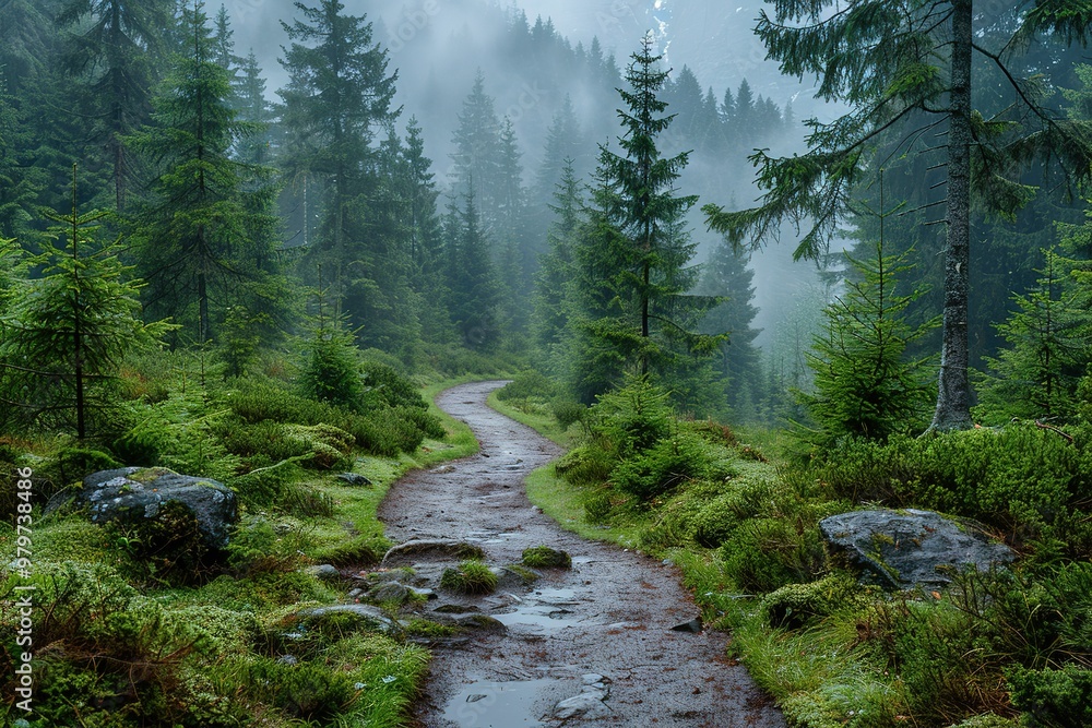 Poster a path through a forest with trees and rocks