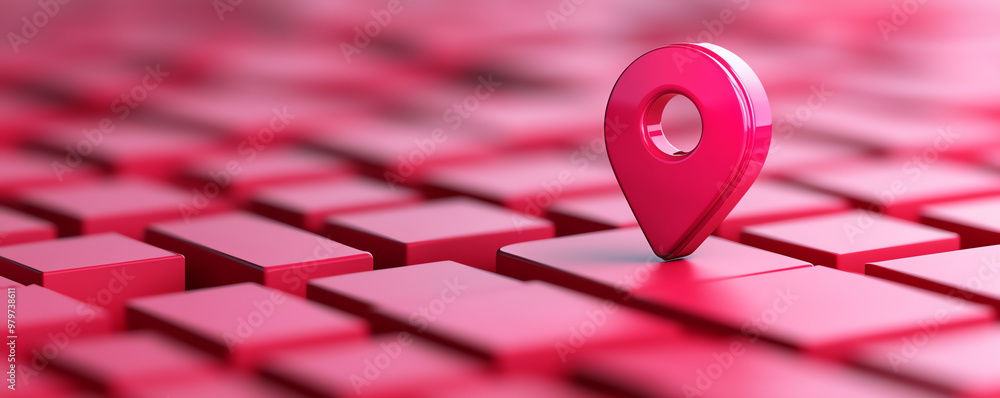 Poster a vibrant pink location pin stands out on a textured red background, symbolizing navigation and mapp