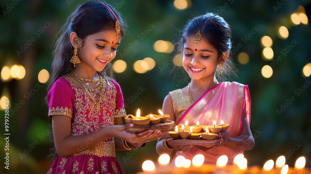 Sticker two indian girls celebrating Diwali with lighting oil lamps